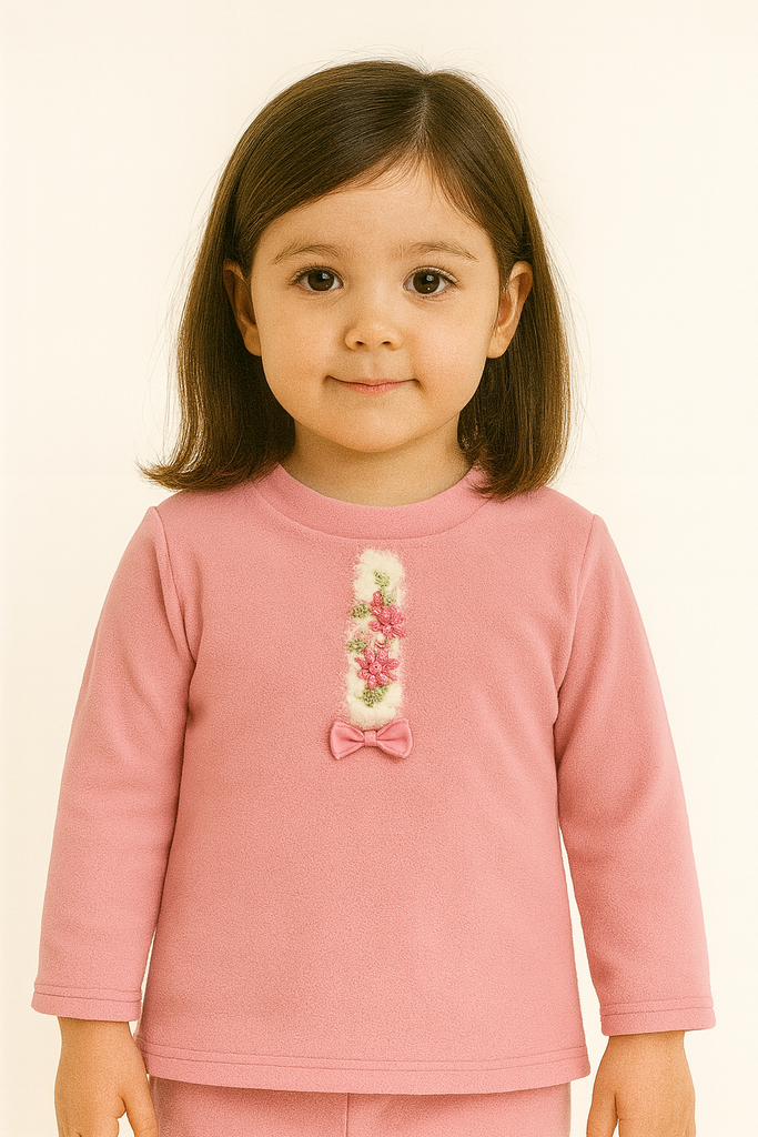 Pink Winter Top with Fur Panel, Floral Embroidery & Satin Bow
