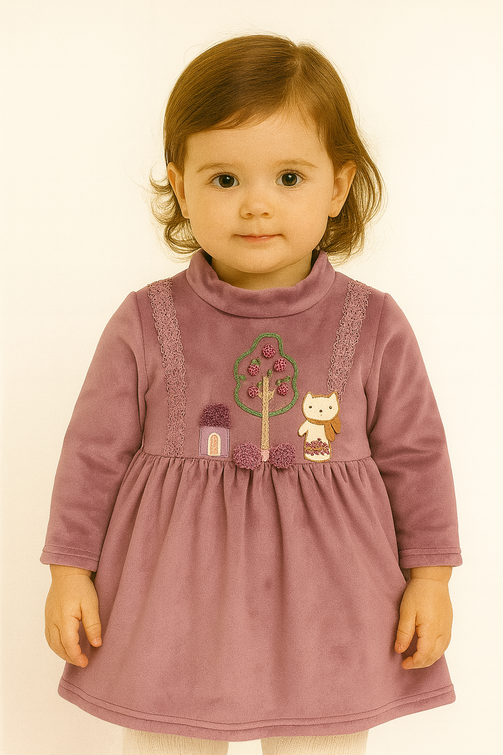 Mauve Winter Dress with Fox & Tree Embroidery