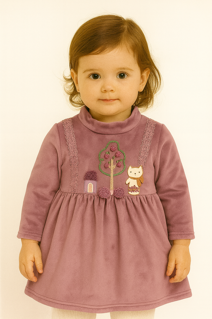 Mauve Winter Dress with Fox & Tree Embroidery
