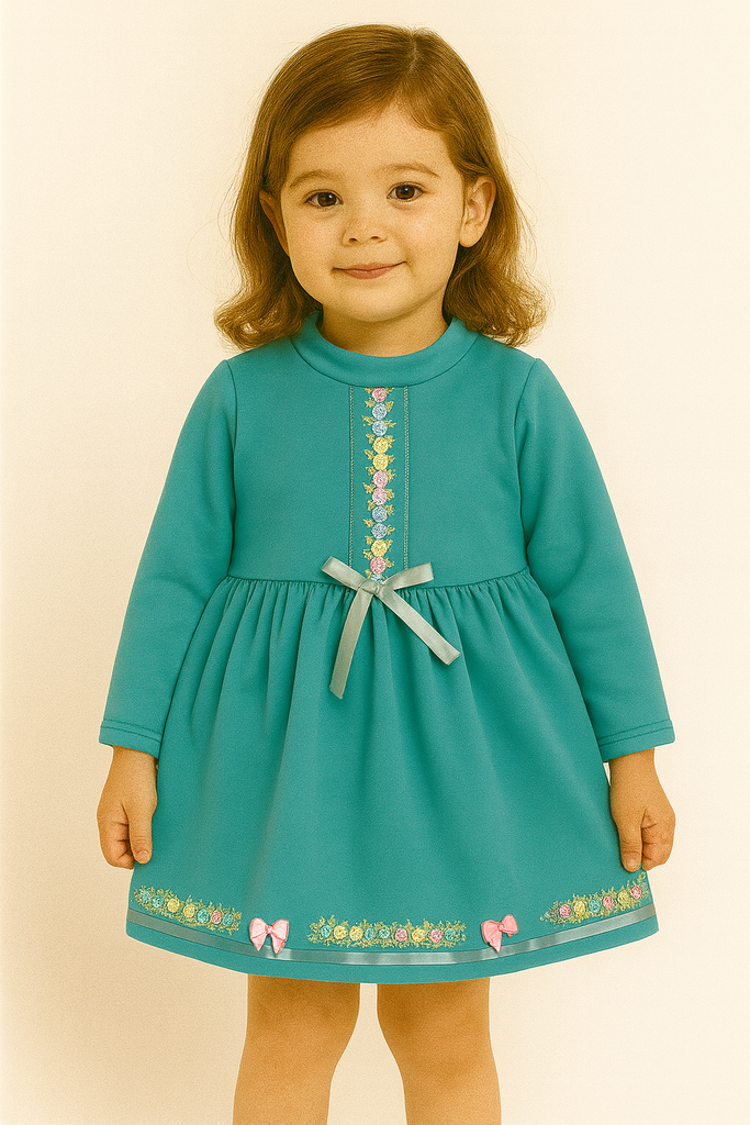 Teal Winter Dress with Floral Embroidery & Satin Bow