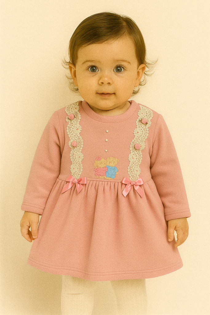 Pink Winter Dress with Teddy Embroidery & Lace Detailing