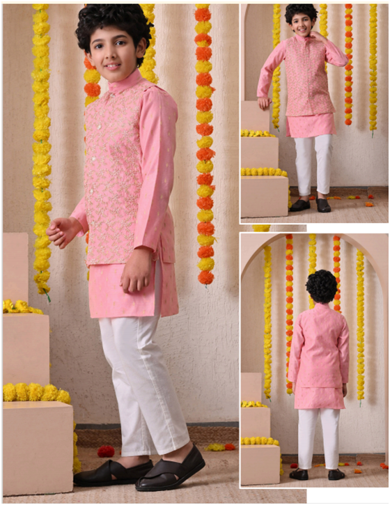 Pink Kurta Set with Embroidered Nehru Jacket
