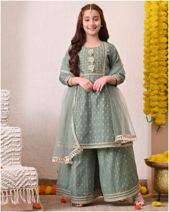 Sage Green Festive Sharara Set for Girls
