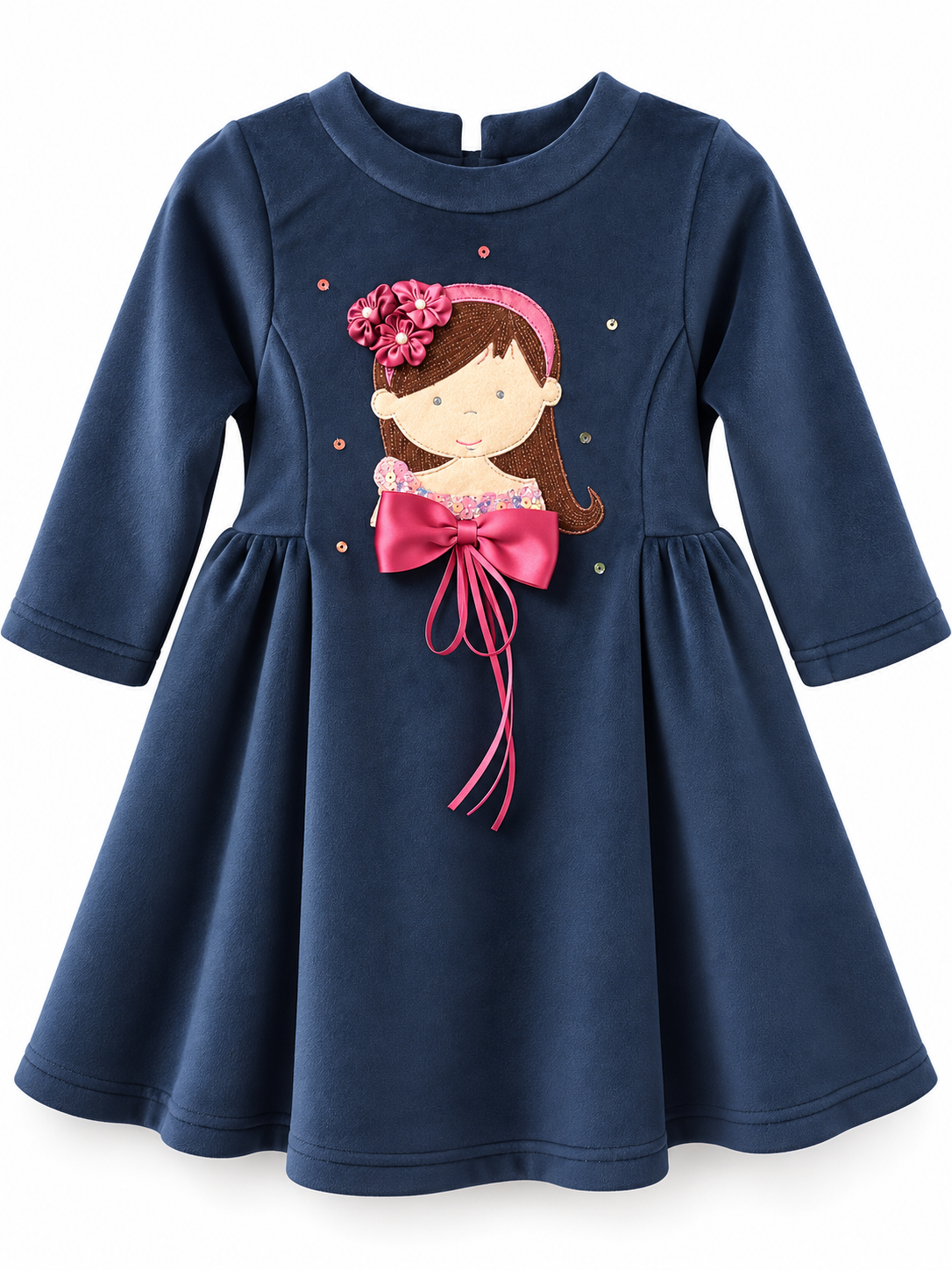 Navy Blue Velvet Girl Appliqué Party Dress