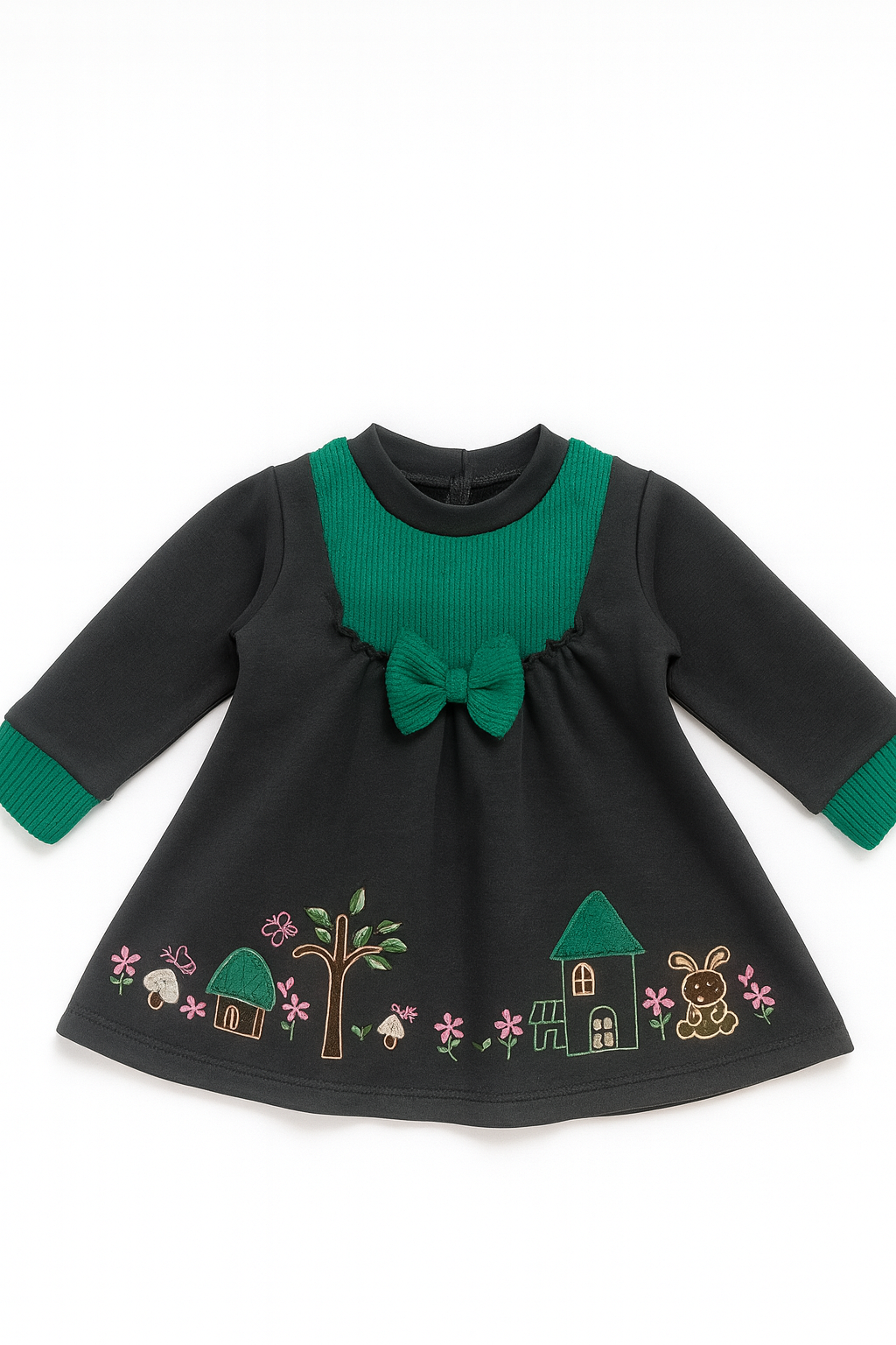 Baby Girl Black & Green Embroidered Frock