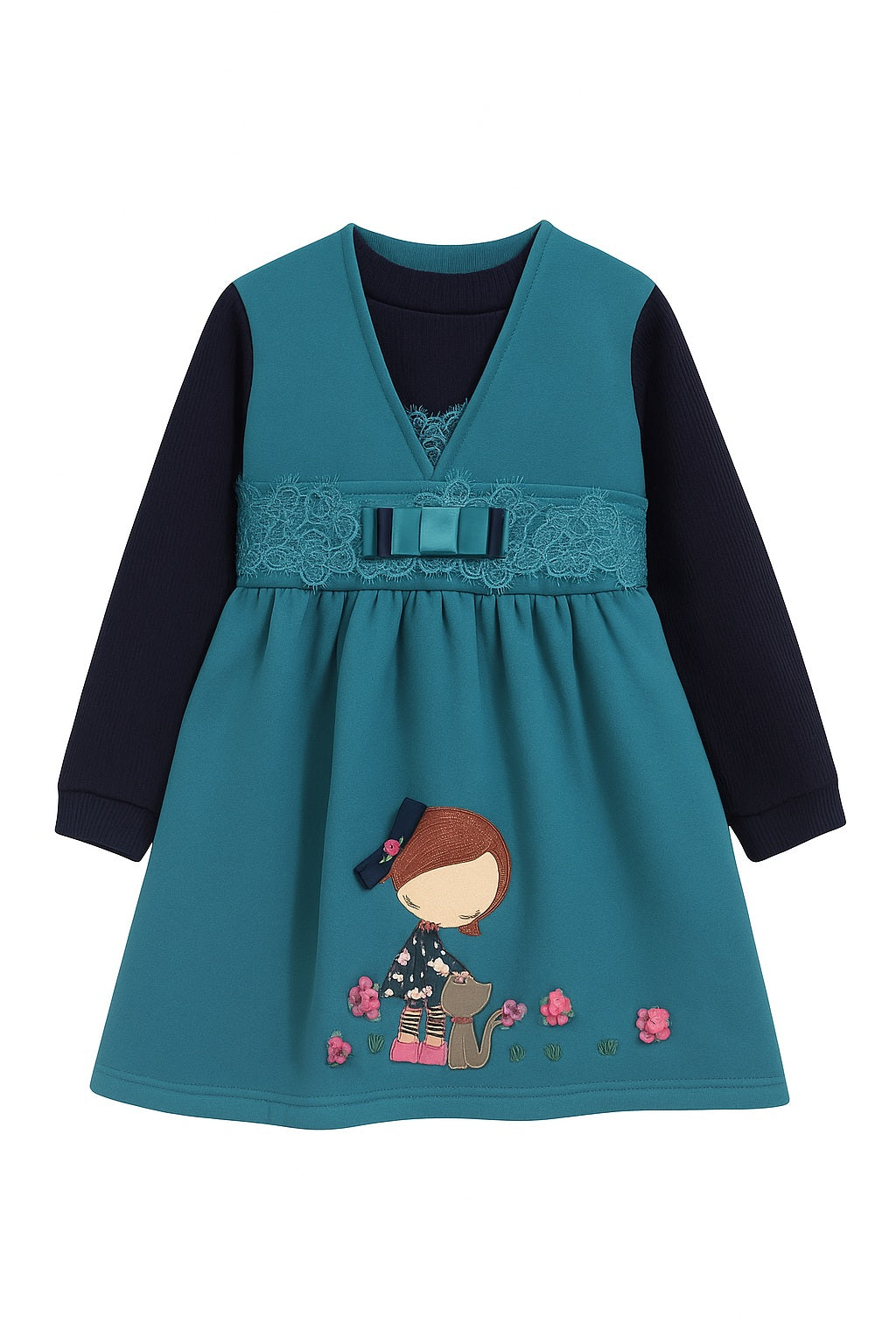 Teal Blue Long-Sleeve Frock with Girl & Cat Embroidery