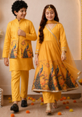 Mustard Yellow Peacock Print Festive Kurta Set