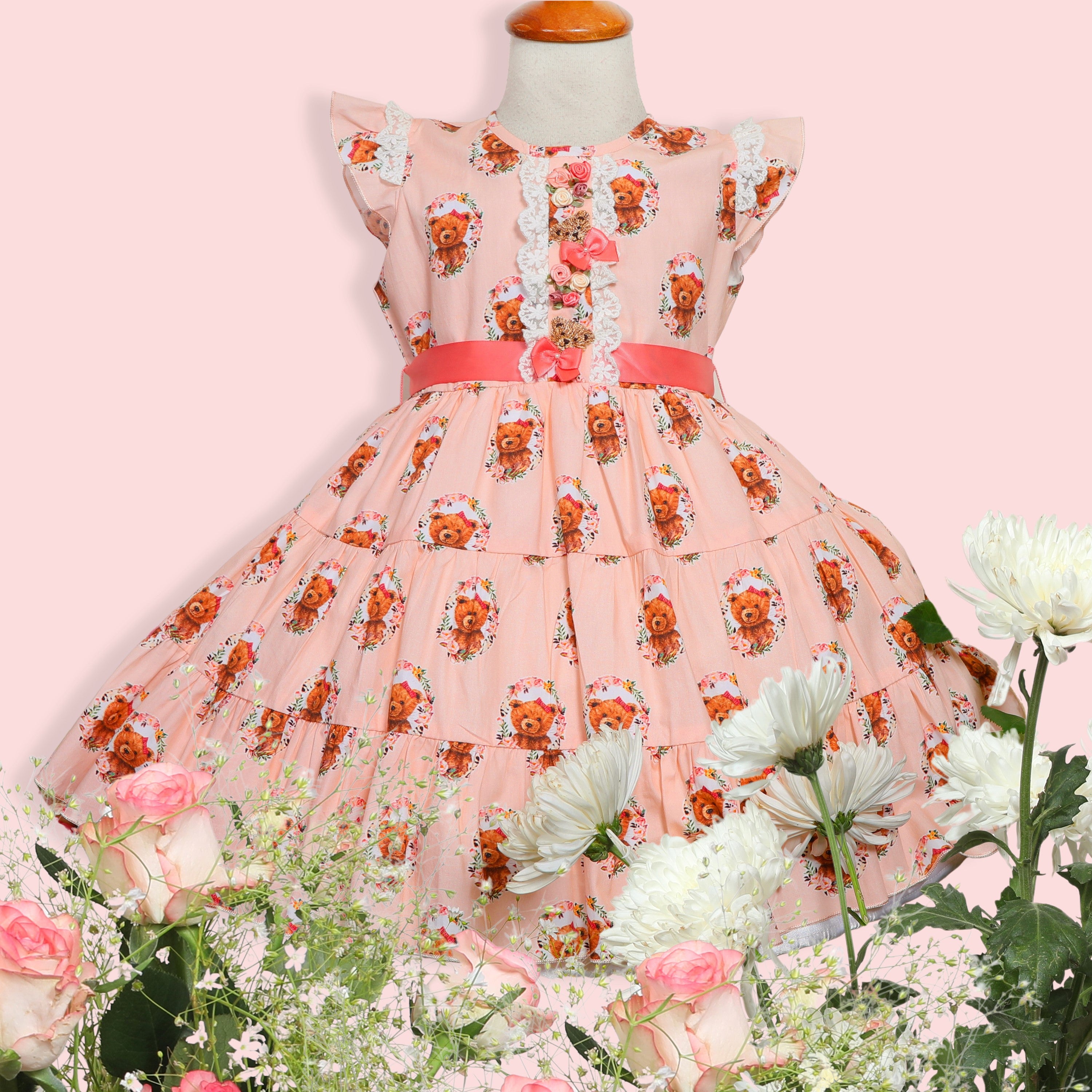 Teddy Love – Peach Printed Cotton Frock
