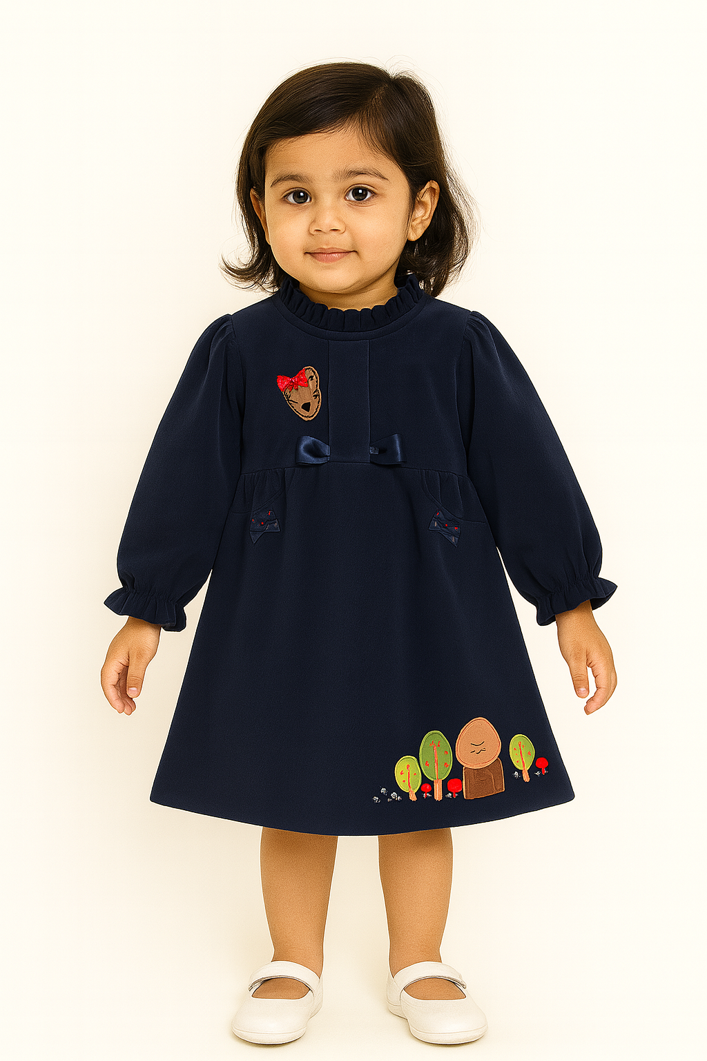 Navy Blue Bear & Forest Embroidered Dress