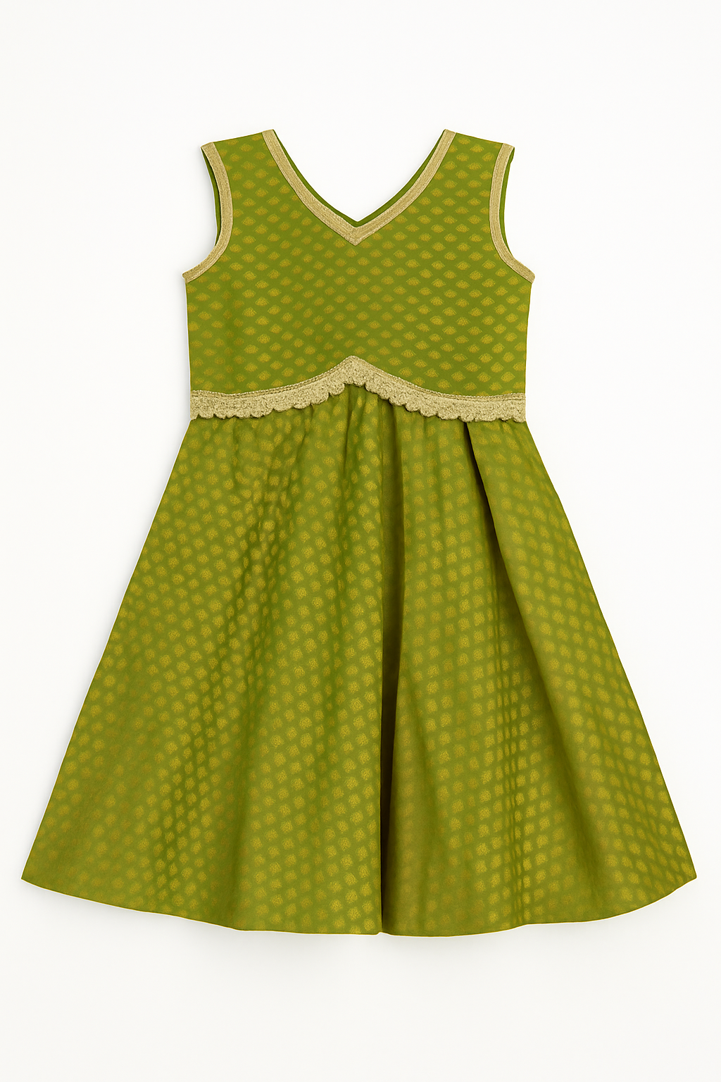 Green Brocade Sleeveless Flared Dress