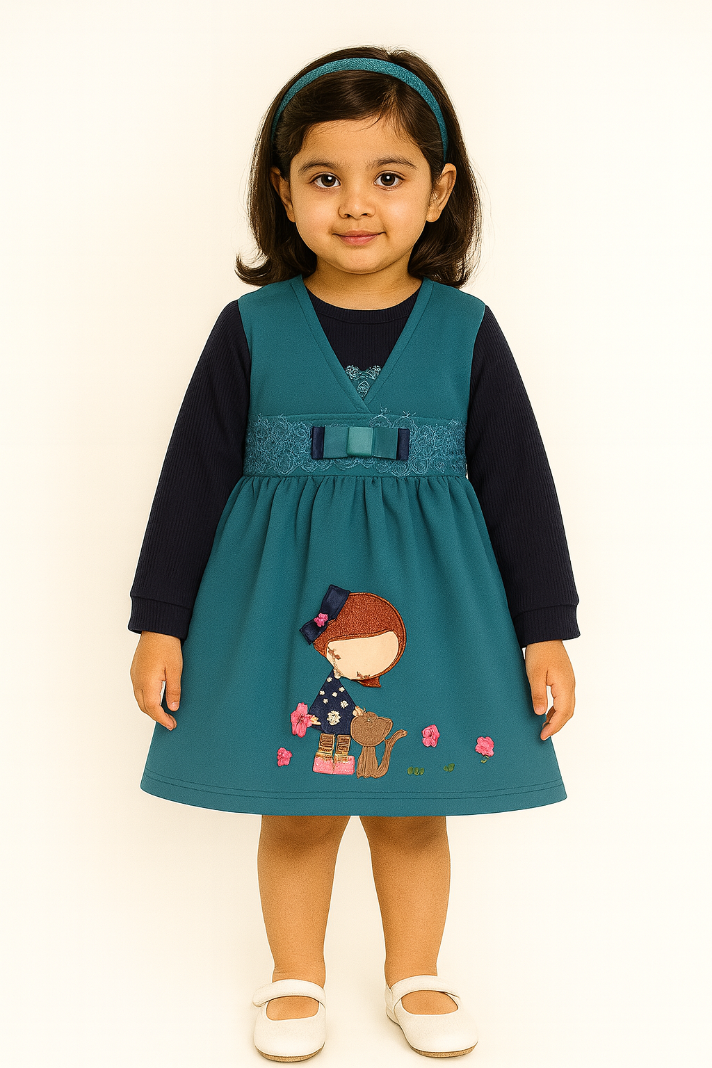Teal Blue Long-Sleeve Frock with Girl & Cat Embroidery