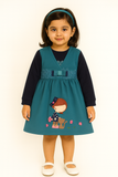 Teal Blue Long-Sleeve Frock with Girl & Cat Embroidery