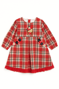 Red Plaid Winter Embroidery Dress with Floral Pockets